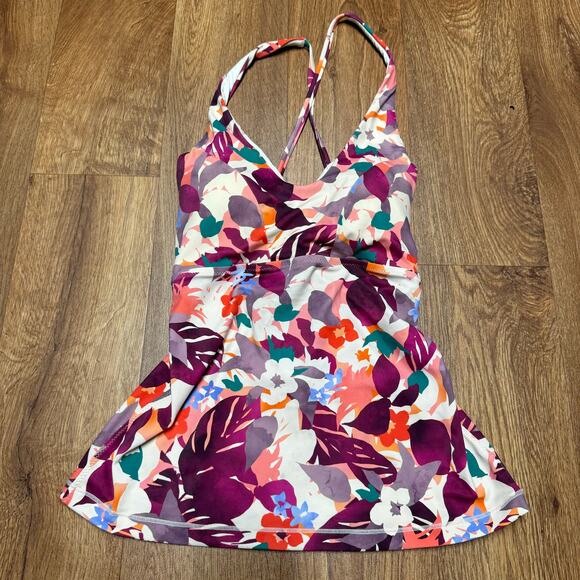 Athleta Womens Purple Floral Lace Up Tankini Swim Suit Top Size Small Tall ST - Picture 1 of 7